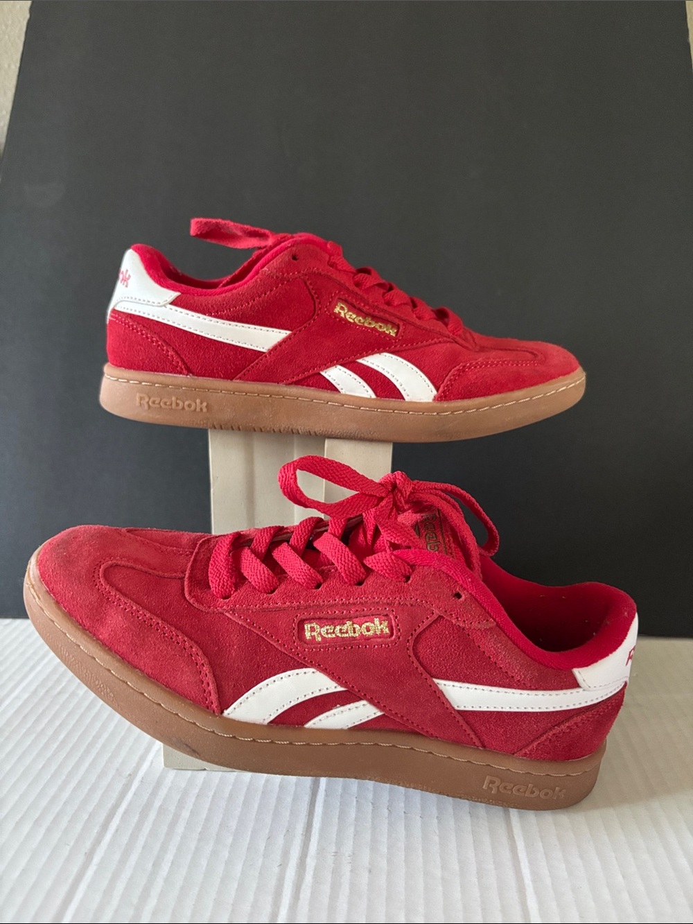 Reebok Red Suede Low-Top Sneakers with White Stripes and Gum Sole